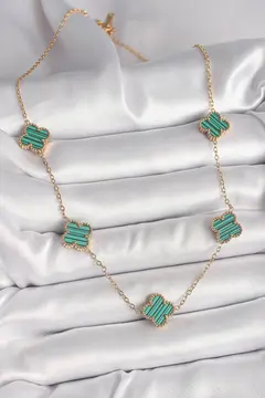 316L Çelik Gold Renk Zincir Yeşil Yonca Model Kadın Kolye 5886