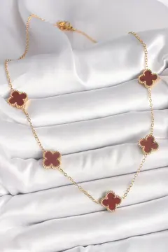 316L Çelik Gold Renk Zincir Bordo Yonca Model Kadın Kolye 5886