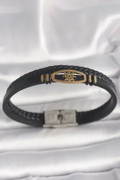 316L Çelik Gold Renk Gemi Dümen Figür Siyah Renk Çift Sıra Burgu Desenli Deri Kordon Erkek Bileklik 5886