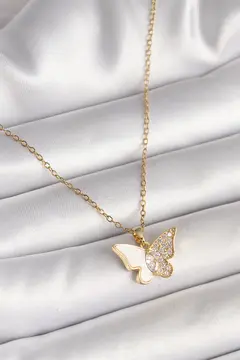 316L Çelik Gold Renk Zincir Zirkon Taşlı Beyaz Mineli Kelebek Model Kadın Kolye 5886