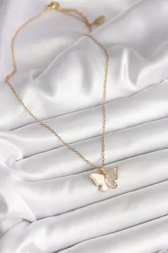 316L Çelik Gold Renk Zincir Zirkon Taşlı Beyaz Mineli Kelebek Model Kadın Kolye 5886