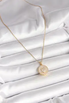 316L Çelik Gold Renk Zincir Madalyon Zirkon Taşlı Kalp Model Kadın Kolye 5886