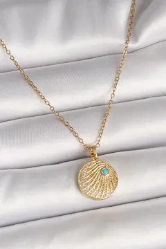 316L Çelik Gold Renk Zincir Zirkon Taş İşlemeli Mavi Taş Detaylı Madalyon Model Kadın Kolye 5886