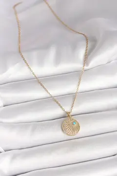 316L Çelik Gold Renk Zincir Zirkon Taş İşlemeli Mavi Taş Detaylı Madalyon Model Kadın Kolye 5886