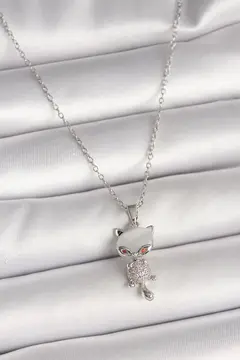 316L Çelik Gümüş Renk Zincir Zirkon Taşlı Kedi Model Kadın Kolye 5886