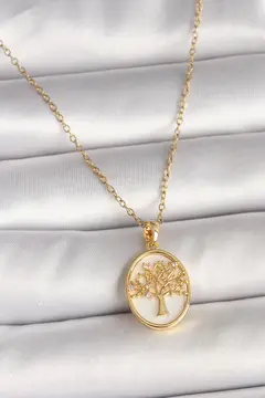 316L Çelik Gold Renk Zincir Zirkon Taş Detaylı Beyaz Mineli Ağaç İşlemeli Portre Model Kadın Kolye 5886
