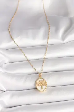 316L Çelik Gold Renk Zincir Zirkon Taş Detaylı Beyaz Mineli Ağaç İşlemeli Portre Model Kadın Kolye 5886