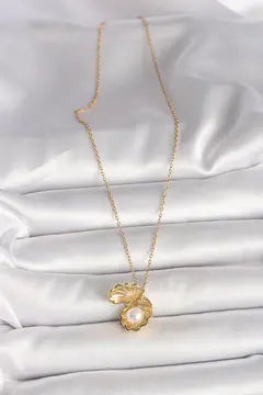 316L Çelik Gold Renk Zincir Açılır İncili Midye Model Kadın Kolye 5886