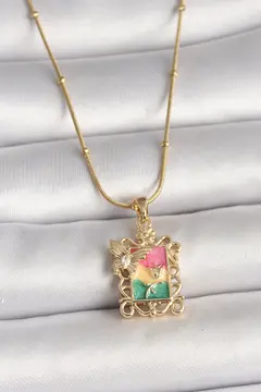 316L Çelik Gold Renk Renkli Zirkon Taşlı Kelebek İşlemeli Portre Model Kadın Kolye 5886