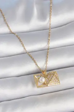 316L Çelik Gold Renk Zincir Zirkon Taşlı Açılır İncili Elmas Model Kadın Kolye 5886