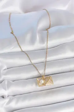 316L Çelik Gold Renk Zincir Zirkon Taşlı Açılır İncili Elmas Model Kadın Kolye 5886