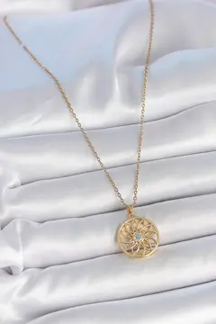 316L Çelik Gold Renk Zincr Mavi Taşlı Lotus Model Kadın Kolye 5886