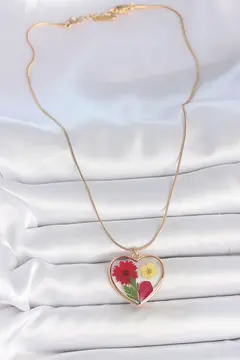 316L Çelik Gold Renk Zincir Epokis Kalp Doğal Çiçek Model Kadın Kolye 5886