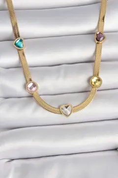 316L Çelik Gold Renk İtalyan Zincir Renkli Zirkon Taşlı Kalp Figür Kadın Kolye 5886