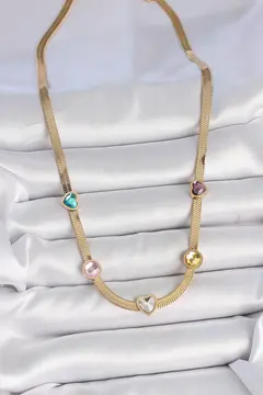 316L Çelik Gold Renk İtalyan Zincir Renkli Zirkon Taşlı Kalp Figür Kadın Kolye 5886