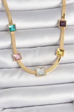 316L Çelik Gold Renk İtalyan Zincir Model Kare Renkli Zirkon Taşlı Kadın Kolye 5886