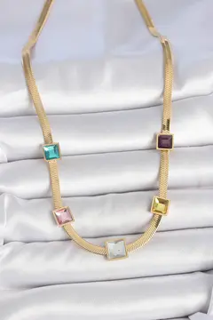 316L Çelik Gold Renk İtalyan Zincir Model Kare Renkli Zirkon Taşlı Kadın Kolye 5886