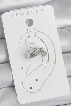 Pirinç Gümüş Renk Zirkon Taşlı 3'Lü Sıralı Kadın Kıkırdak Küpe 5886