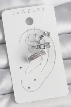 Pirinç Gümüş Renk Zirkon Taşlı 3'Lü Zincir Sarmal Model Kadın Kıkırdak Küpe 5886