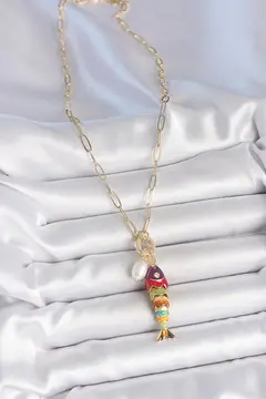 İnci Detaylı Zirkon Taşlı Rainbow Balık Figürlü Gold Renk Pirinç Kolye 5886
