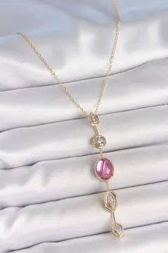 Pirinç Zincir Gold Renk Pembe Zirkon Taşlı Y Kolye 5886
