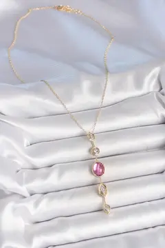 Pirinç Zincir Gold Renk Pembe Zirkon Taşlı Y Kolye 5886