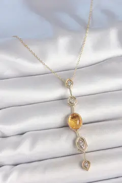 Pirinç Zincir Kehribar Sarı Gold Renk  Zirkon Taşlı Y Kolye 5886