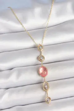 Pirinç Zincir Pembe Gold Renk Zirkon Taşlı Y Kolye 5886