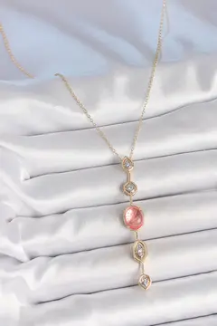 Pirinç Zincir Pembe Gold Renk Zirkon Taşlı Y Kolye 5886