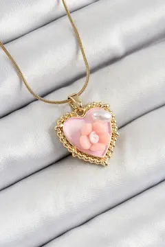 316L Çelik Zincir Pembe Sanatsal Portre İnci Detaylı Papatya Figürlü Kalp Model Gold Renk Kadın Kolye 5886