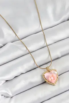 316L Çelik Zincir Pembe Sanatsal Portre İnci Detaylı Papatya Figürlü Kalp Model Gold Renk Kadın Kolye 5886