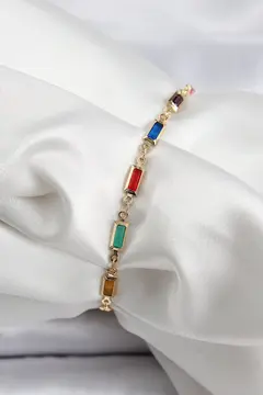 Pirinç Gold Renk Karışık Renkli Kare Zirkon Taşlı Kadın Bileklik 5886