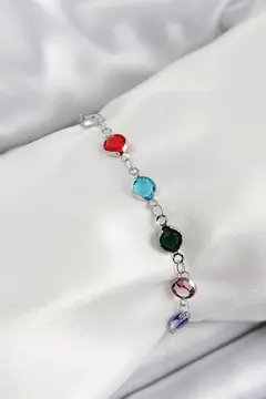 Pirinç Gümüş Renk Karışık Renk Zirkon Taşlı Kadın Bileklik 5886