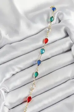 Pirinç Gold Renk Karışık Renk Damla Zirkon Taşlı Kadın Bileklik 5886