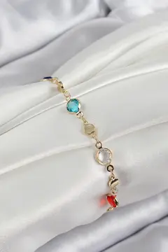 Pirinç Karışık Renk Zirkon Taşlı Gold Renk Kadın Bileklik 5886