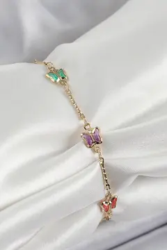 Pirinç Gold Renk Karışık Renk Kelebek Zirkon Taşlı Kadın Bileklik 5886
