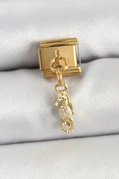 316L Çelik Sallantılı Zirkon Taşlı Çiçek Model Gold Renk Nomination Charm 5886