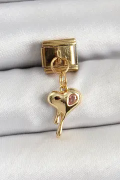 316L Çelik Sallantılı Zirkon Taşlı Eriyen Kalp Model Gold Renk Nomination Charm 5886