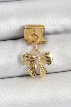 316L Çelik Sallantılı Zirkon Taşlı Fiyonk Model Gold Renk Nomination Charm 5886