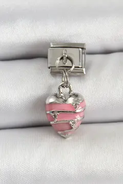 316L Çelik Gümüş Renk Pembe Kalp Model Nomination Charm 5886
