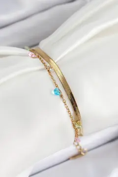 316L Çelik Gold Renk Karışık Renkli Kristal Taşlı 2'li Kadın Bileklik 5886