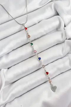 Pirinç Gümüş Renk Karışık Renk Zirkon Taşlı Kalpli Y Kadın Kolye 5886