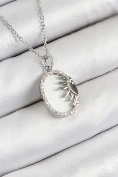 316L Çelik Zirkon Taşlı Yarım Güneş Model Gümüş Renk Kadın Kolye 5886
