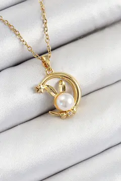 316L Çelik İnci Detaylı Hilal Tavşan Model Gold Renk Kadın Kolye 5886