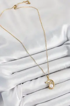 316L Çelik İnci Detaylı Hilal Tavşan Model Gold Renk Kadın Kolye 5886