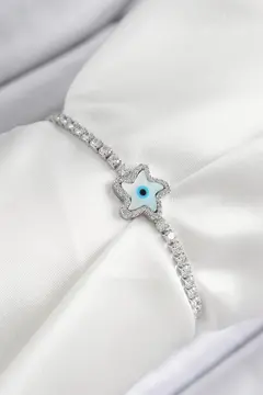 Pirinç Zirkon Taşlı Nazar Yıldız Model Gümüş Renk Asansörlü Kadın Bileklik 5886