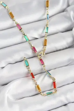 Pirinç Renkli Zirkon Taşlı Dikdörtgen Model Gold Renk Kadın Y Kolye 5886