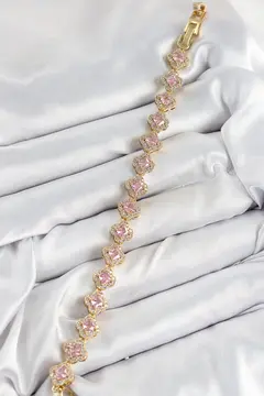 Pirinç Zirkon Taşlı Pembe Yonca Baget Model Gold Renk VIP Seri Kadın Bileklik 5886