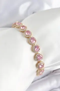 Pirinç Pembe Zirkon Taşlı Daire Baget Model Gold Renk VIP Seri Kadın Bileklik 5886