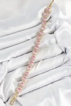 Pirinç Pembe Zirkon Taşlı Daire Baget Model Gold Renk VIP Seri Kadın Bileklik 5886